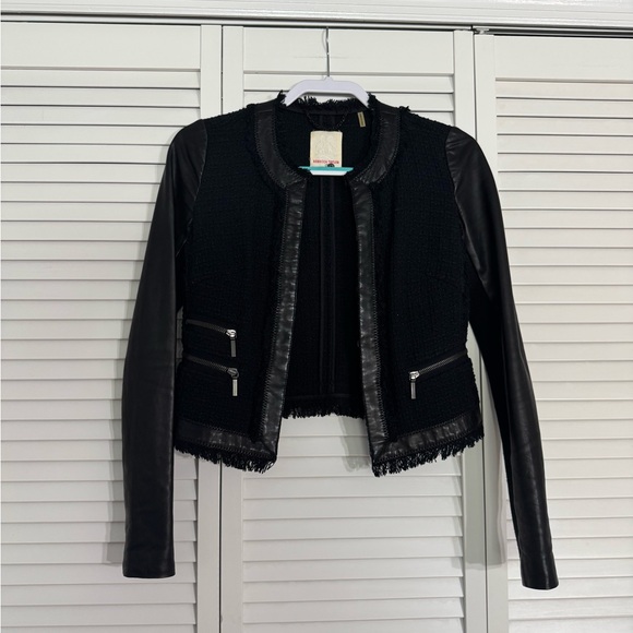 Rebecca Taylor Jackets & Blazers - Rebecca Taylor Black Blazer Moto Jacket Lamb Leather Sleeves Work Fringe Sz 2